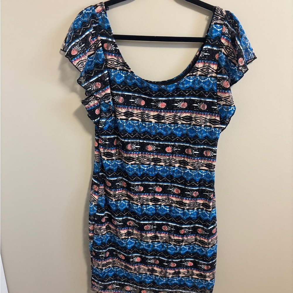 Material Girl Blue and Black Aztec Mini Dress